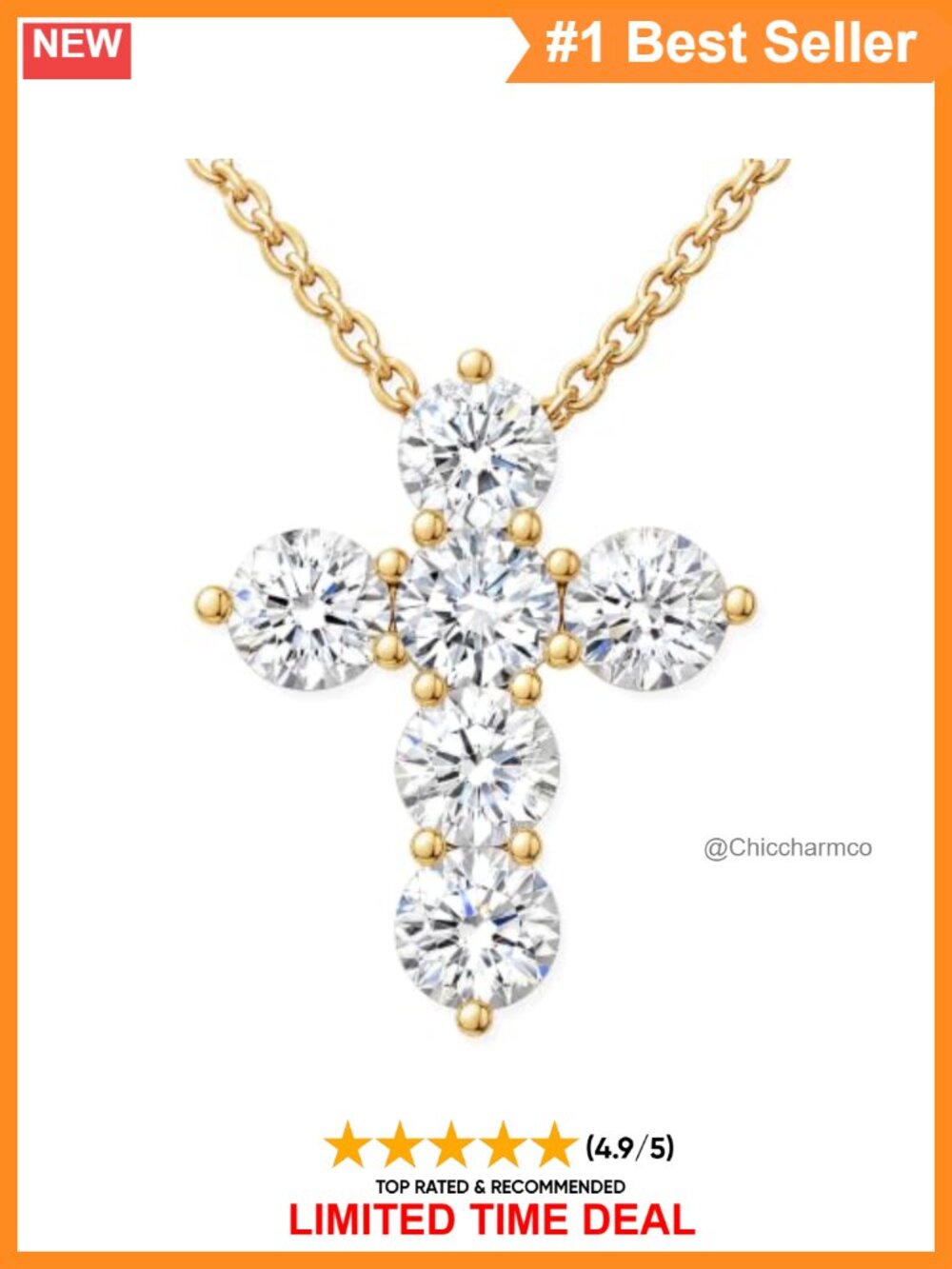 14K Gold Plated Cross Pendant Necklace 20" Adjustable Cable Chain CZ